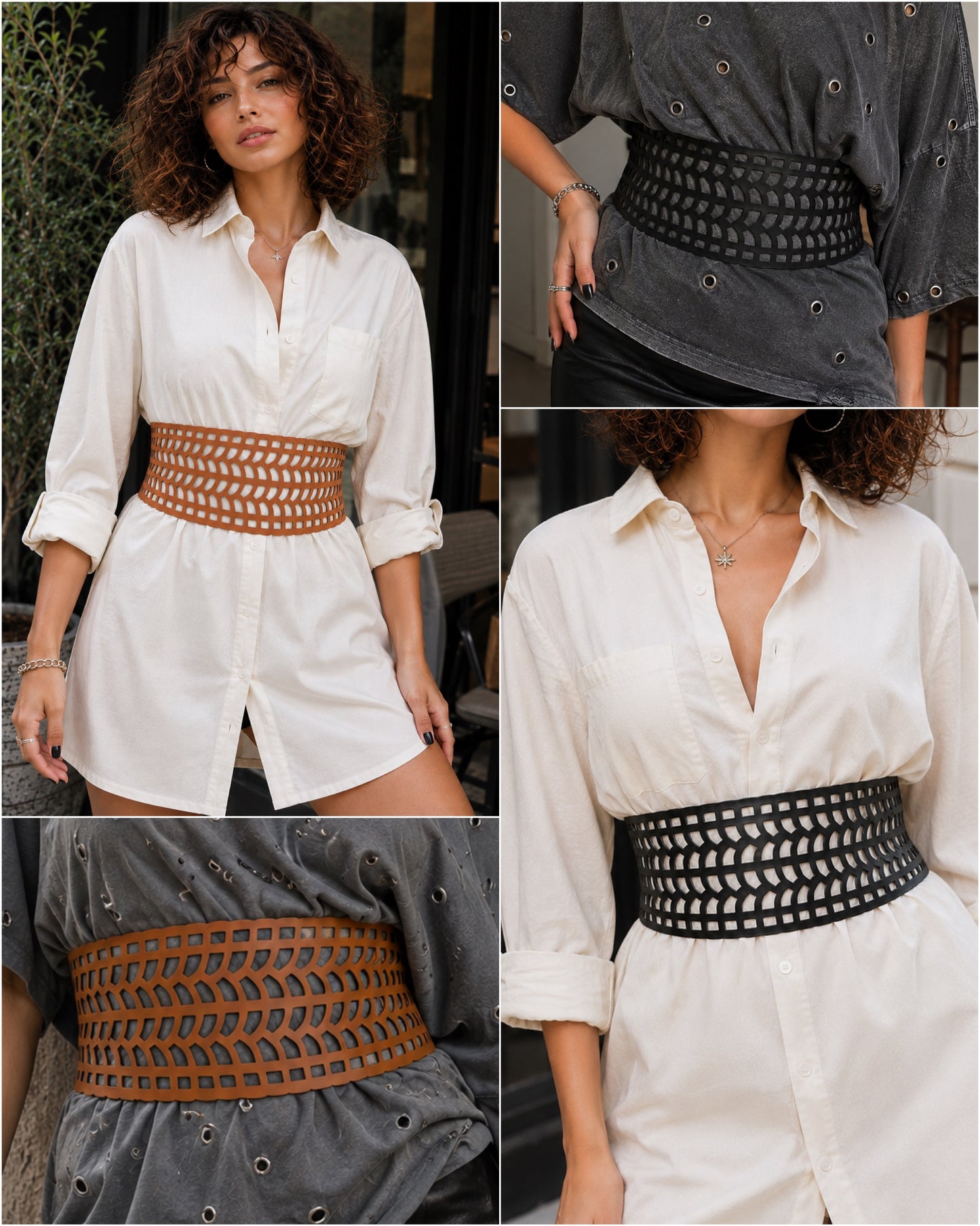 Leather Cutwork Reversible Biker Wide Waist Belt - Black and Camel