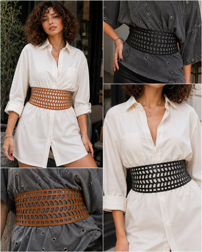Leather Cutwork Reversible Biker Wide Waist Belt - Black and Camel