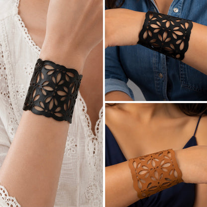 Leather Statement Cutwork Reversible Cuff Bracelet - Black and Camel
