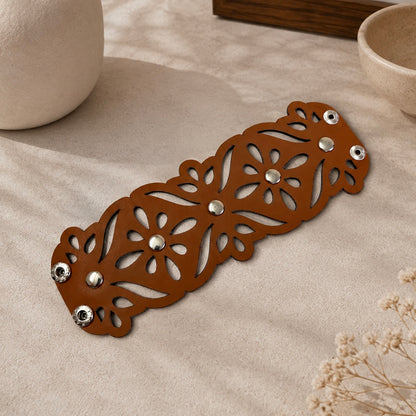 Leather Statement Cutwork Reversible Cuff Bracelet - Black and Camel
