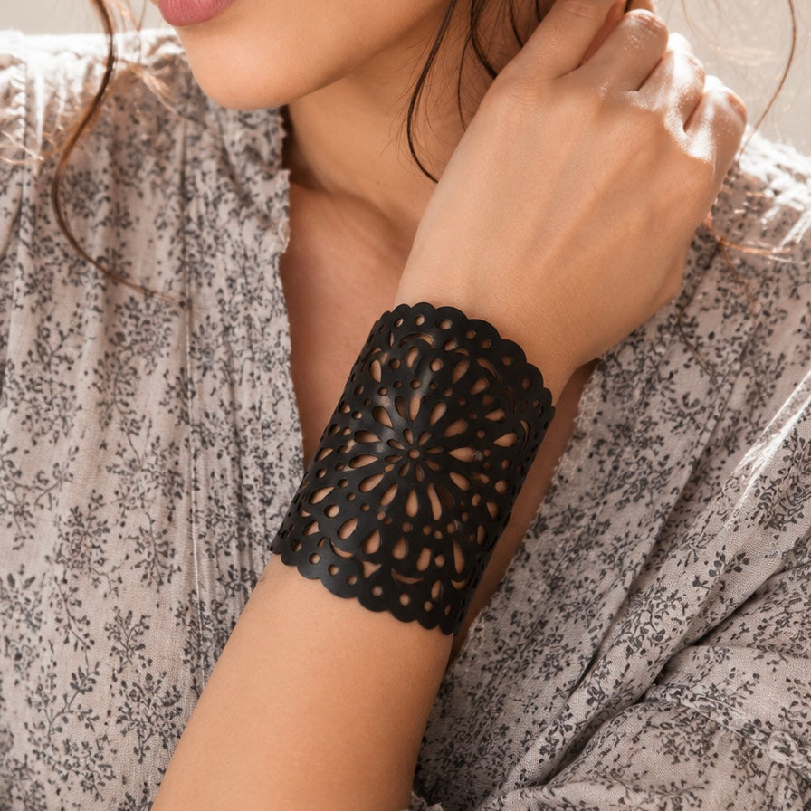 Leather Statement Cutwork Reversible Cuff Bracelet - Black and Camel