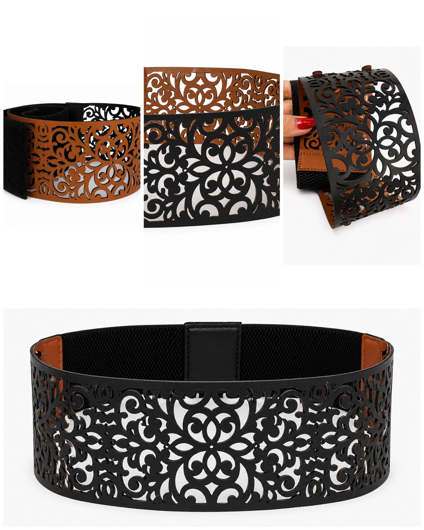 Leather decorative Cutwork Reversible Wide Waist Belt - Black and Camel