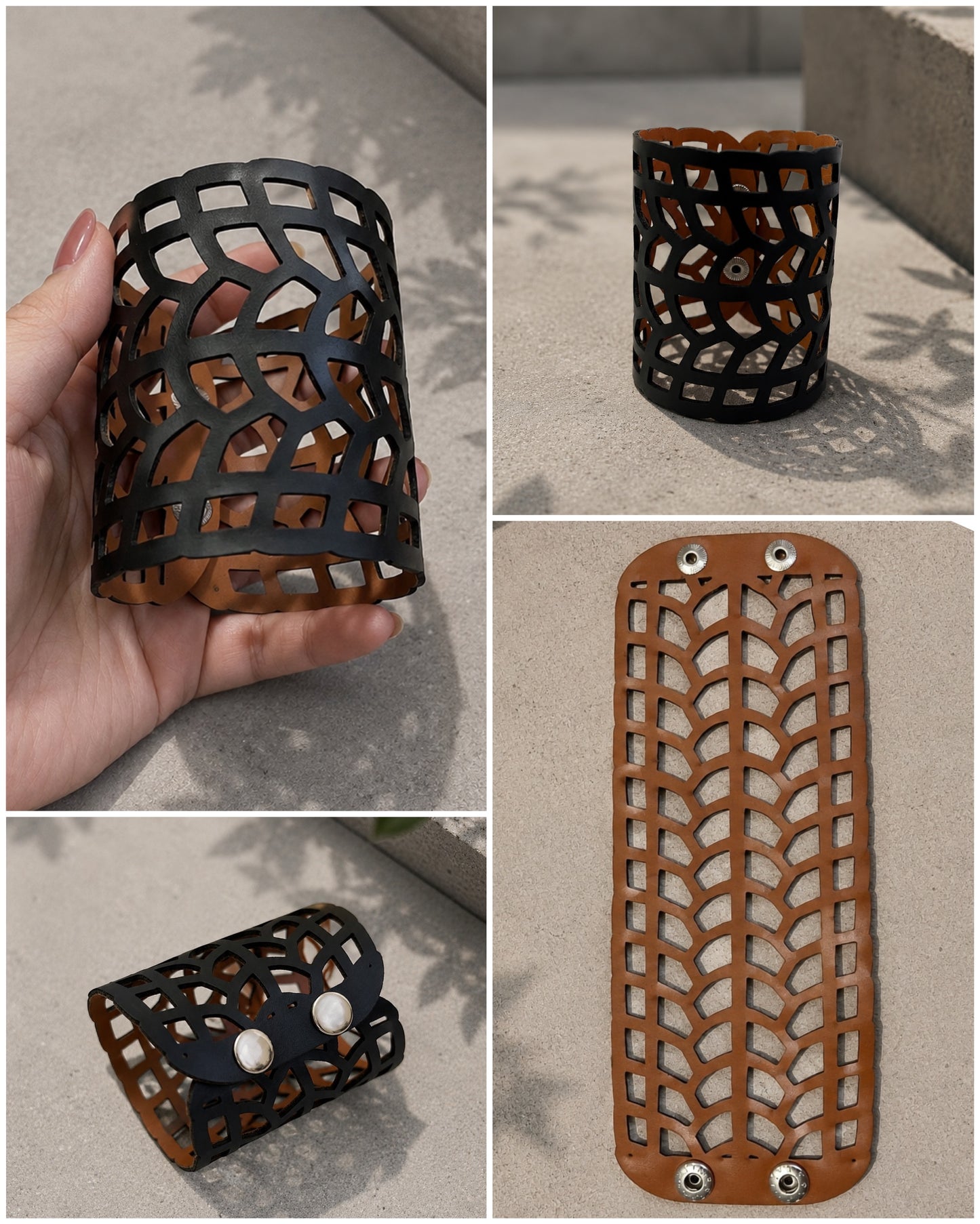 Leather Statement Cutwork Reversible Cuff Bracelet - Black and Camel
