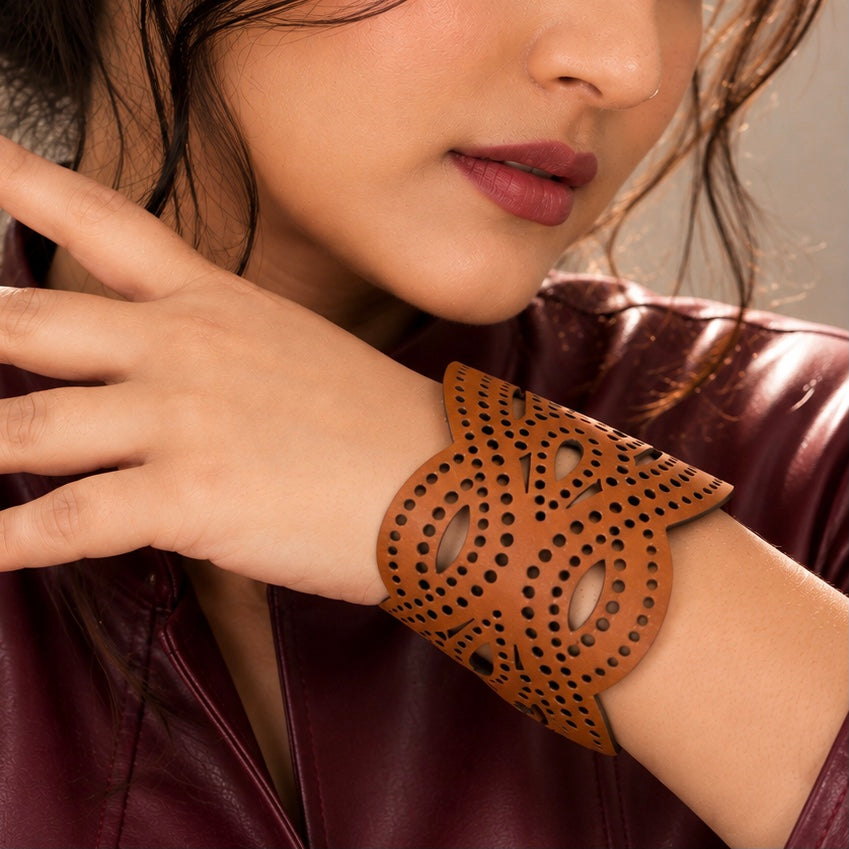 Leather Statement Cutwork Reversible Cuff Bracelet - Black and Camel