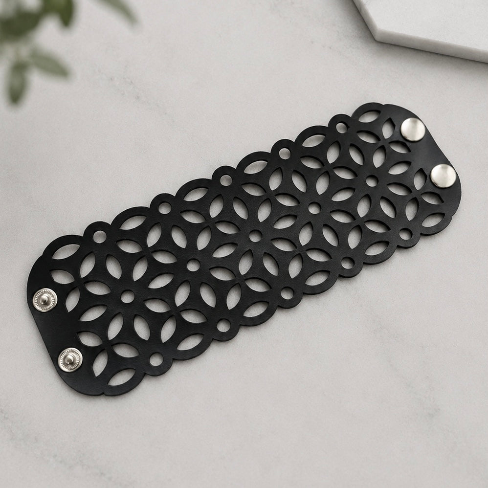 Leather Statement Cutwork Reversible Cuff Bracelet - Black and Camel