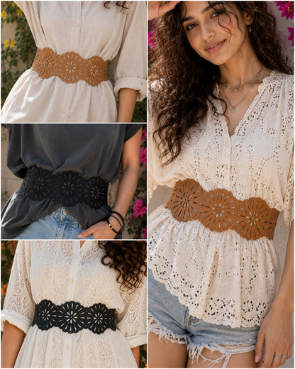 Leather Cutwork Reversible Wide Boho Waist Belt - Black and Camel