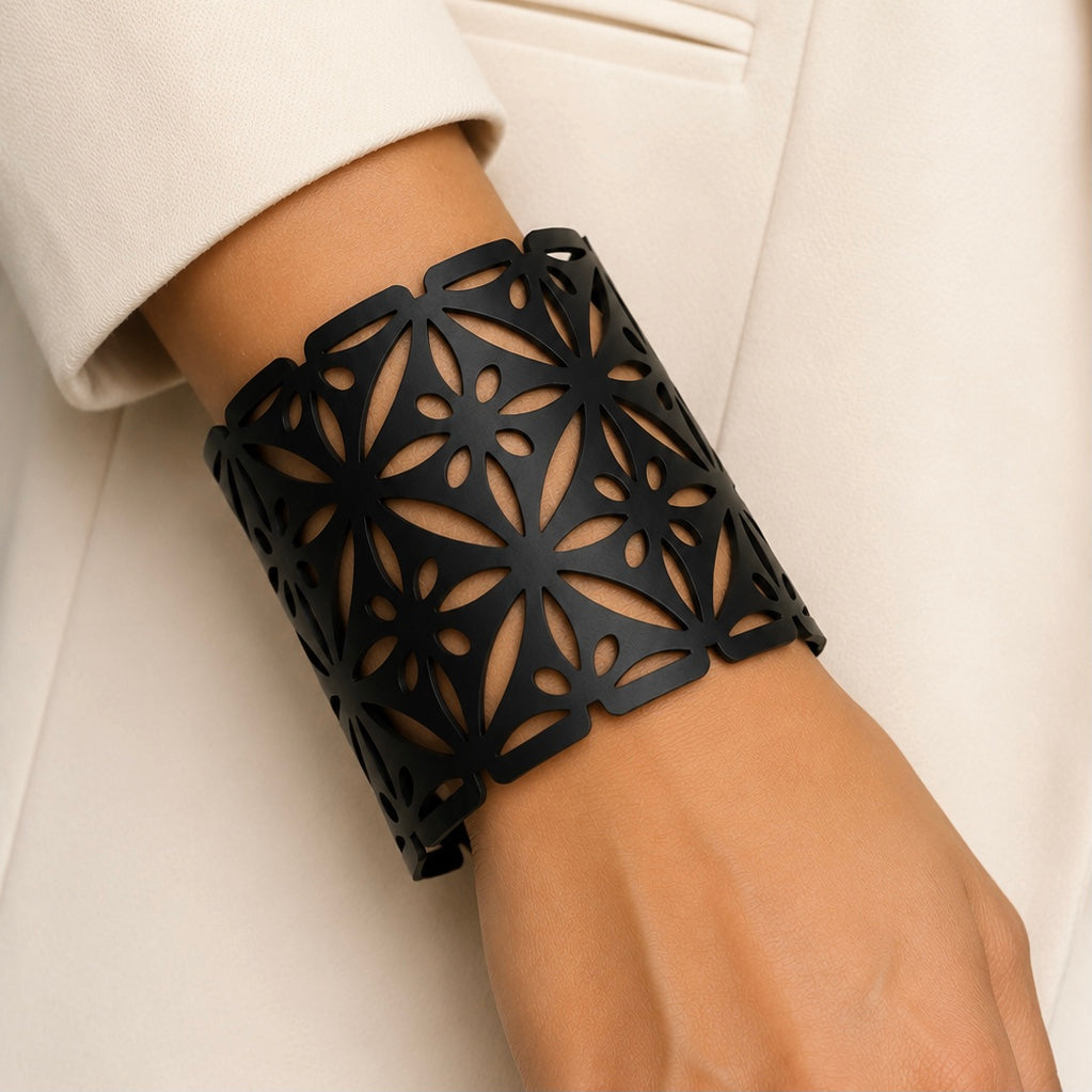 Leather Statement Cutwork Reversible Cuff Bracelet - Black and Camel