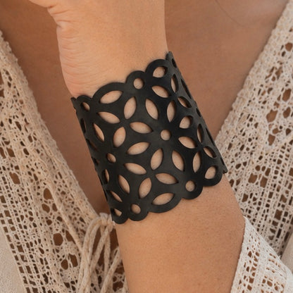 Leather Statement Cutwork Reversible Cuff Bracelet - Black and Camel