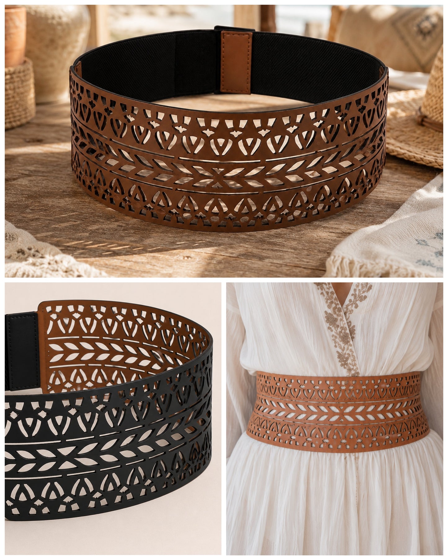 Leather Cutwork Reversible Wide Waist Belt - Black and Camel