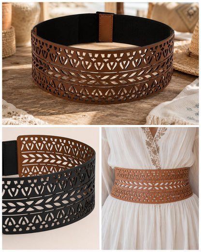 Leather Cutwork Reversible Wide Waist Belt - Black and Camel