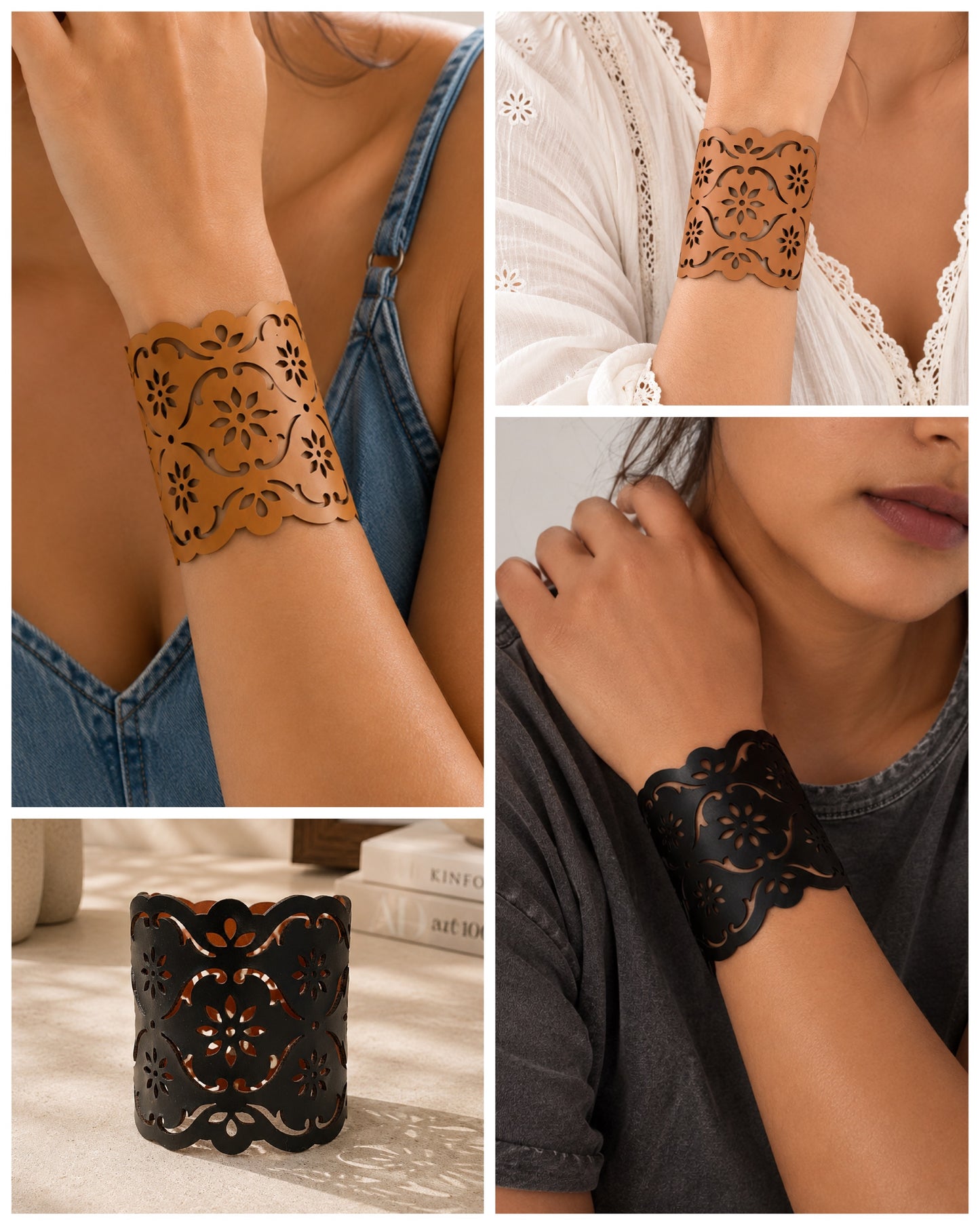 Leather Statement Cutwork Reversible Cuff Bracelet - Black and Camel
