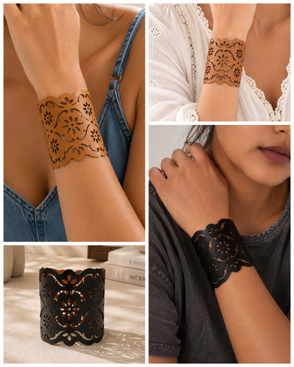 Leather Statement Cutwork Reversible Cuff Bracelet - Black and Camel