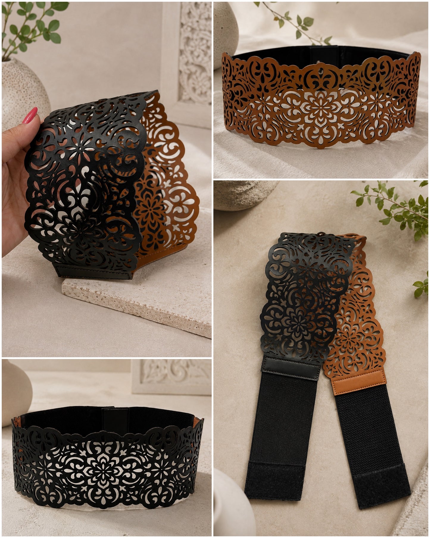 Leather Ornate Cutwork Reversible Wide Waist Belt - Black and Camel