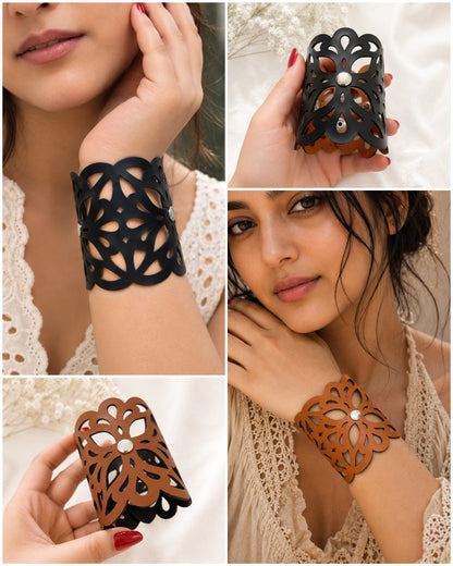 Leather Statement Cutwork Reversible Cuff Bracelet - Black and Camel