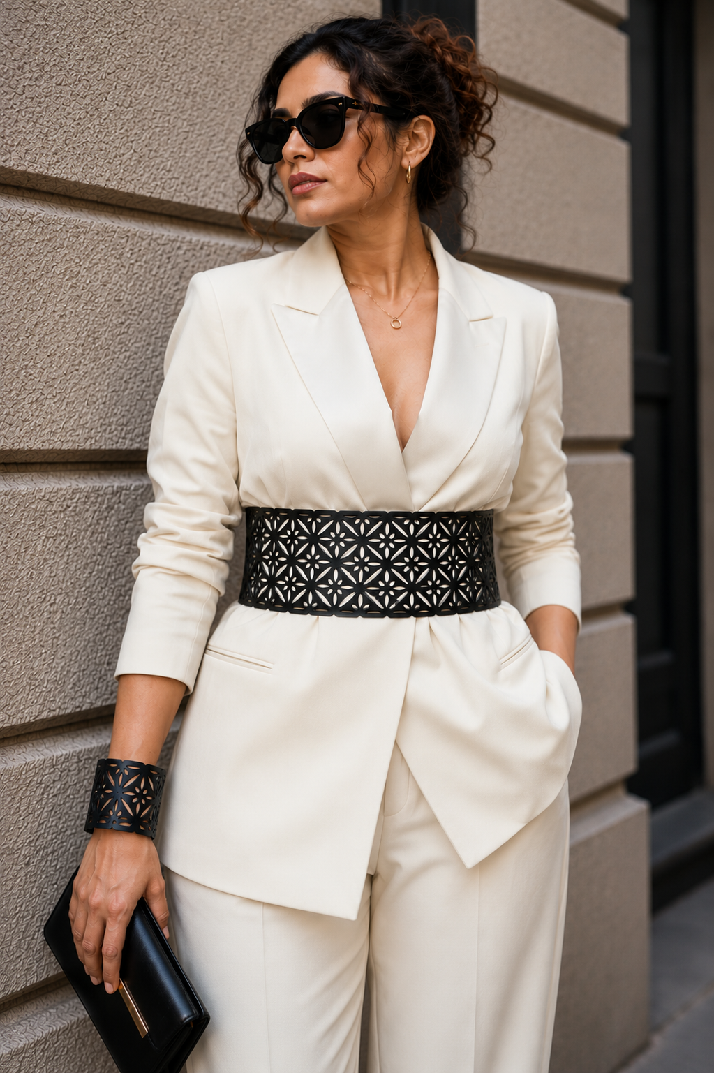 Leather Chic Cutwork Reversible Wide Waist Belt - Black and Camel