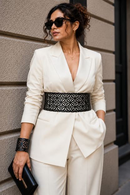 Leather Chic Cutwork Reversible Wide Waist Belt - Black and Camel