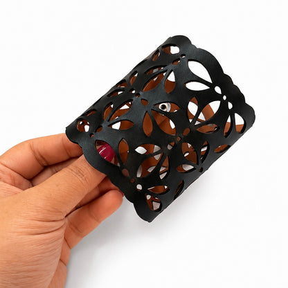 Leather Statement Cutwork Reversible Cuff Bracelet - Black and Camel