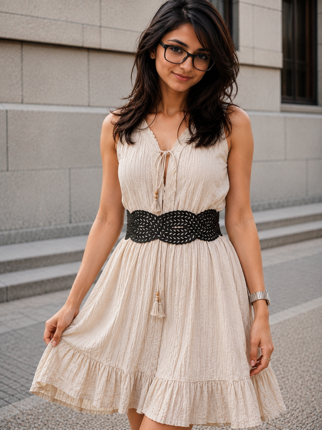 Leather Cutwork Reversible Stylish Wide Waist Belt - Black and Camel