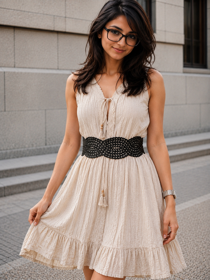 Leather Cutwork Reversible Stylish Wide Waist Belt - Black and Camel