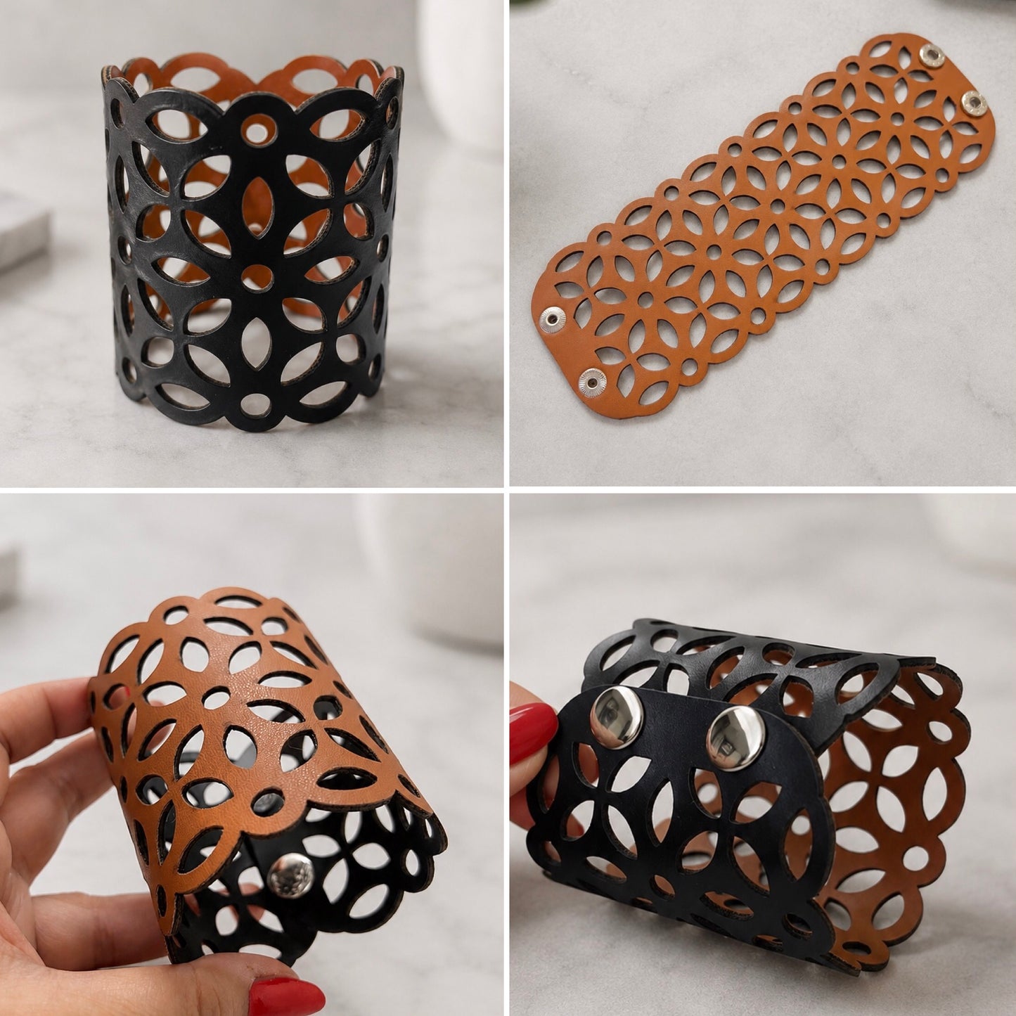 Leather Statement Cutwork Reversible Cuff Bracelet - Black and Camel