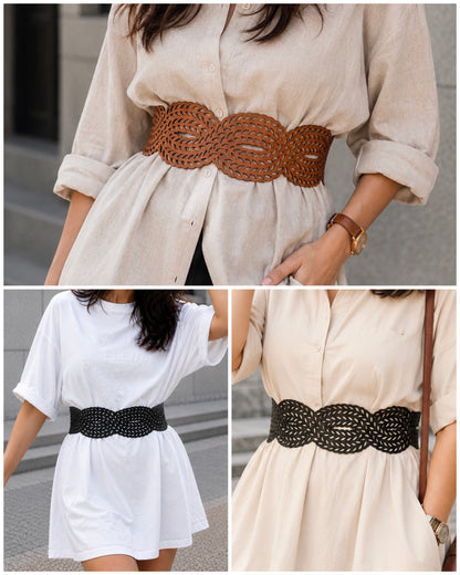 Leather Cutwork Reversible Stylish Wide Waist Belt - Black and Camel