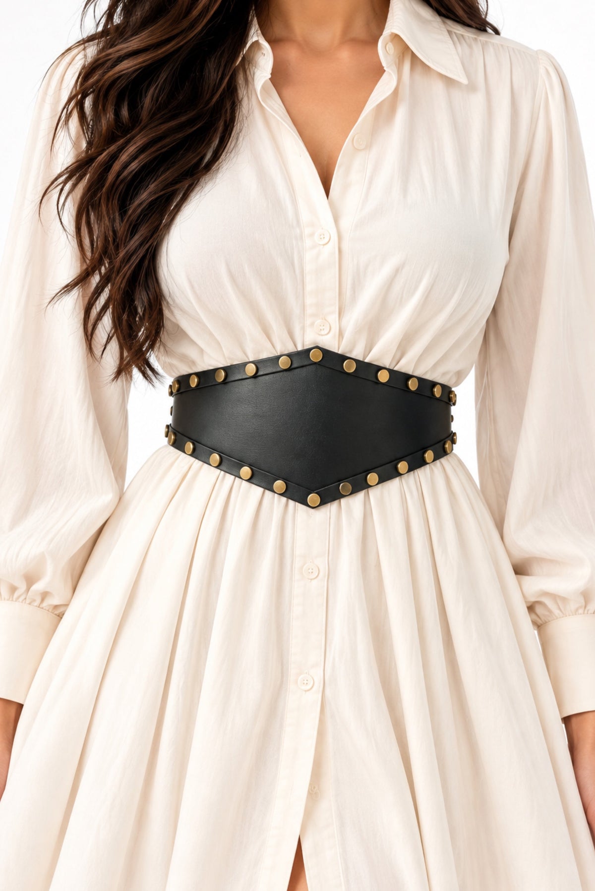 Women's Wide Leather Black Belt for Dresses - Studded Waist Belt