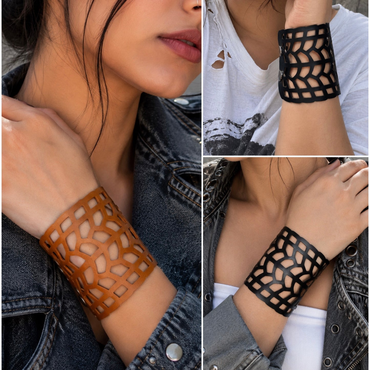 Leather Statement Cutwork Reversible Cuff Bracelet - Black and Camel