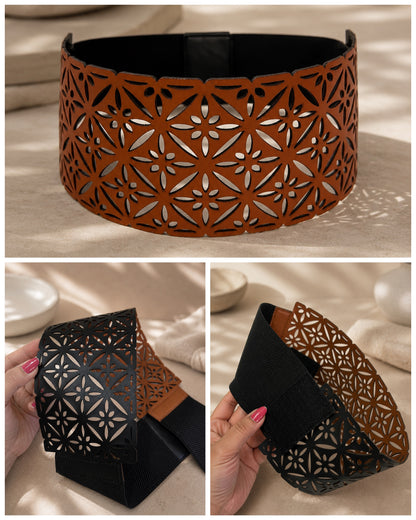 Leather Chic Cutwork Reversible Wide Waist Belt - Black and Camel