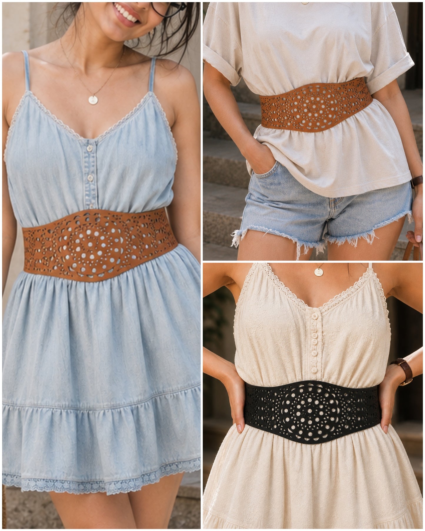 Leather Cutwork Reversible Wide Waist Belt - Black and Camel