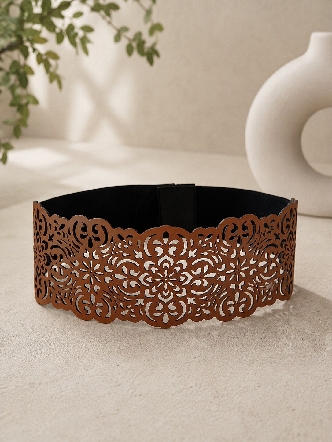 Leather Ornate Cutwork Reversible Wide Waist Belt - Black and Camel