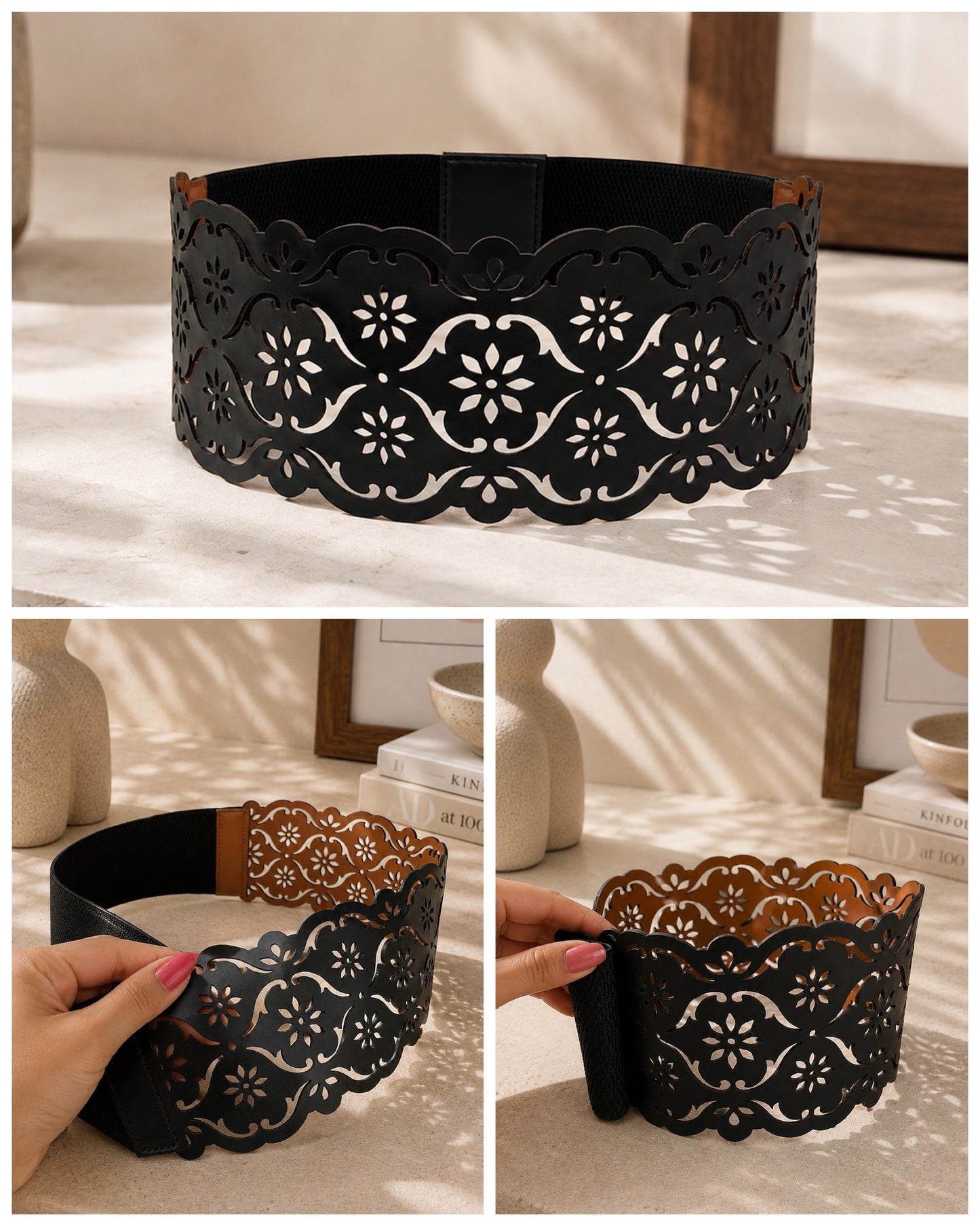Leather Decorative Cutwork Reversible Wide Waist Belt - Black and Camel