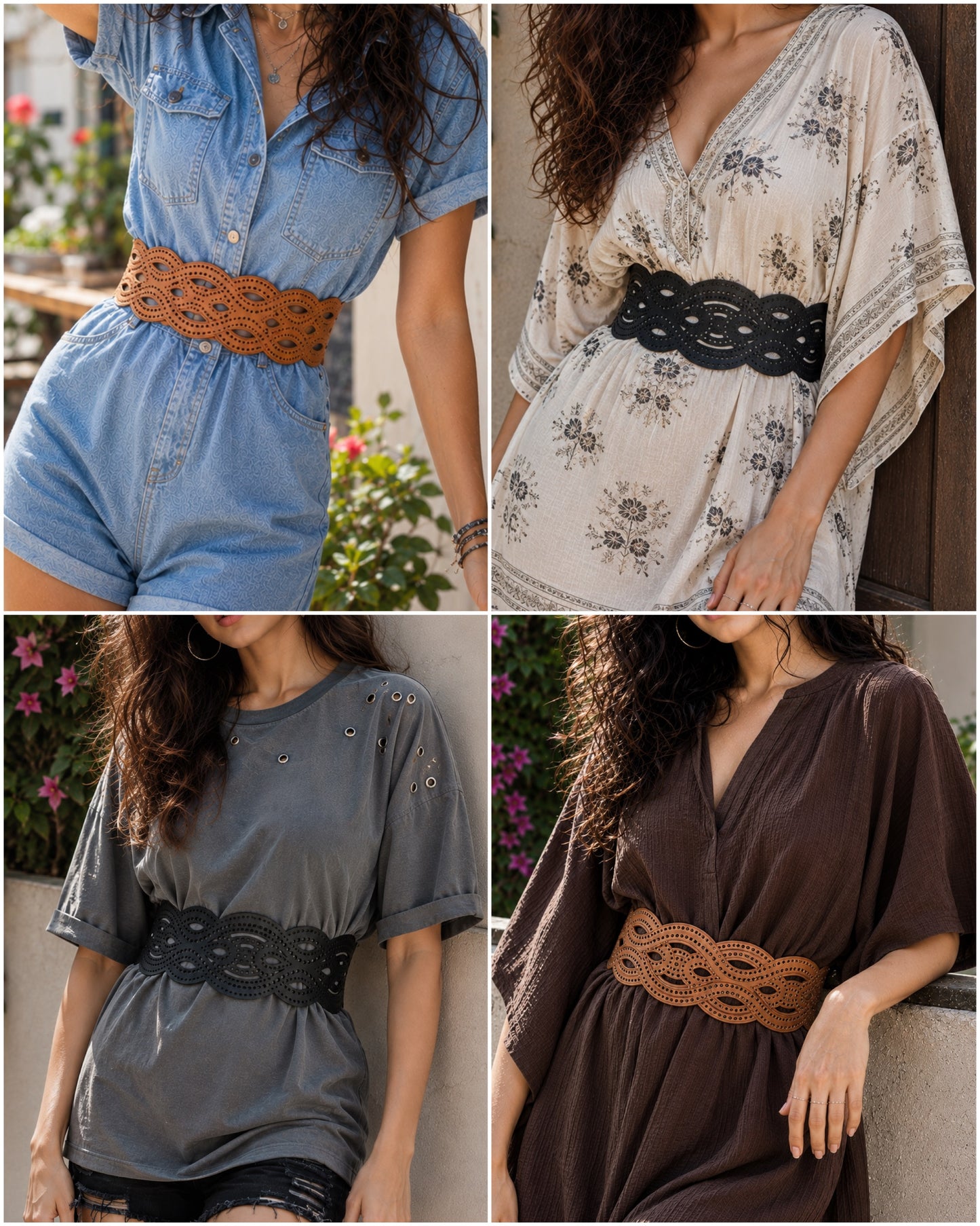 Leather Unique Cutwork Reversible Wide Waist Belt - Black and Camel