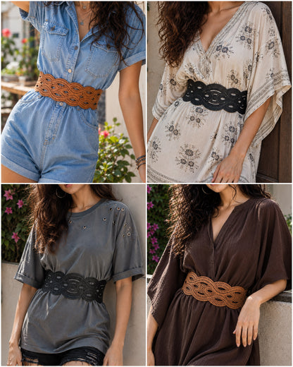 Leather Unique Cutwork Reversible Wide Waist Belt - Black and Camel