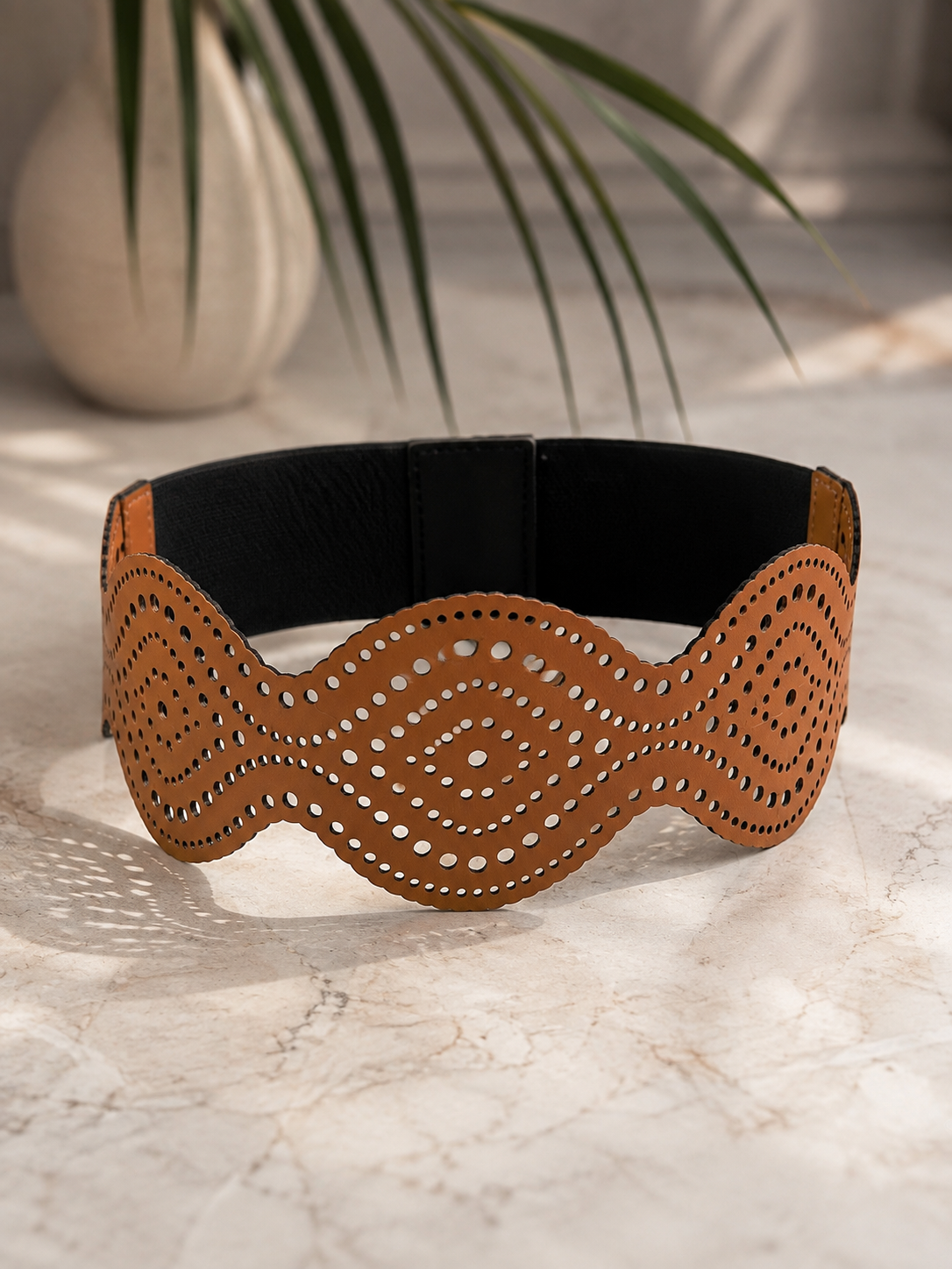 Leather Cutwork Reversible Chic Wide Waist Belt - Black and Camel