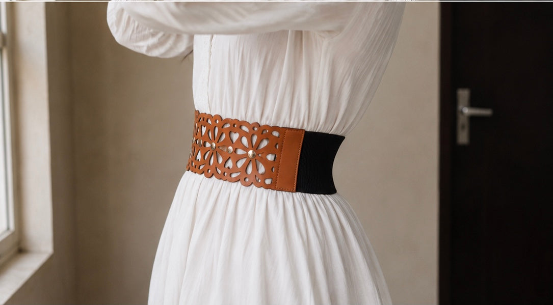 Leather Cutwork Reversible Wide Waist Belt with Rivets - Black and Camel