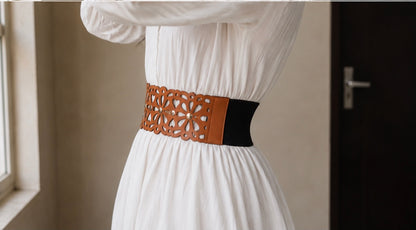 Leather Cutwork Reversible Wide Waist Belt with Rivets - Black and Camel