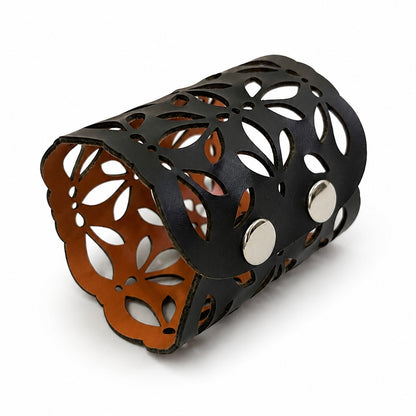 Leather Statement Cutwork Reversible Cuff Bracelet - Black and Camel