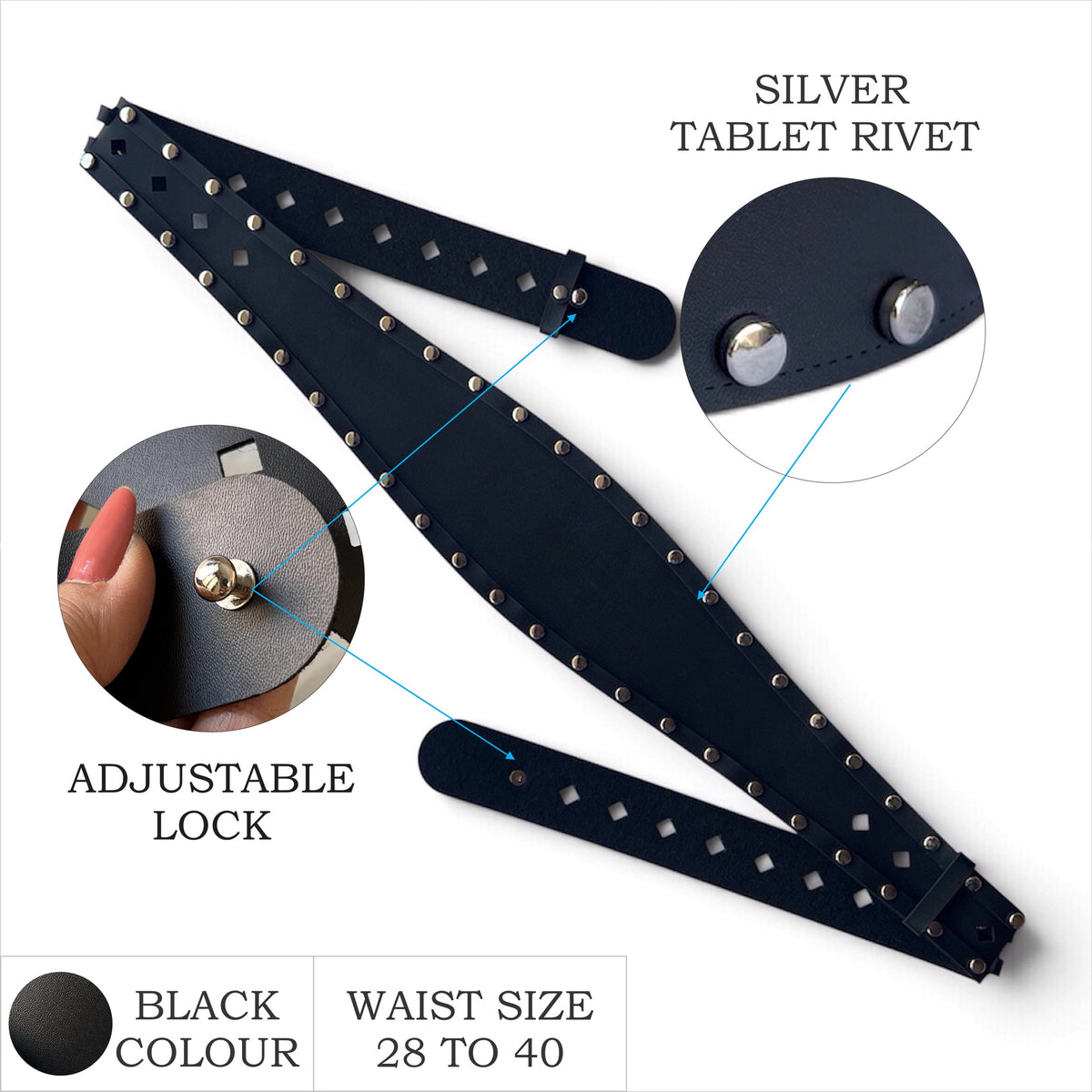 Women's Wide Leather Black Belt for Dresses - Studded Waist Belt