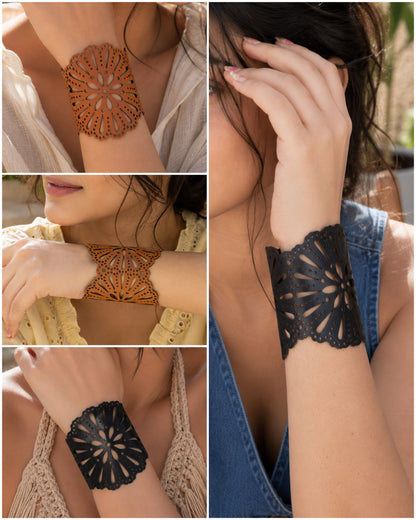 Leather Statement Cutwork Reversible Cuff Bracelet - Black and Camel