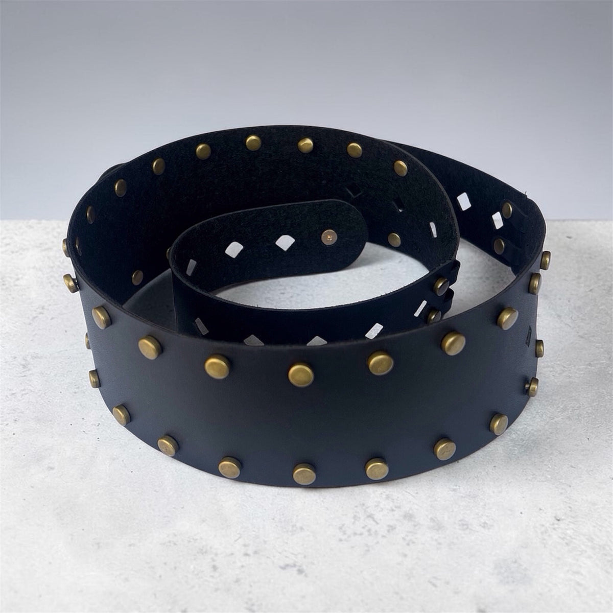Women's Wide Leather Black Belt - Studded Waist Belt