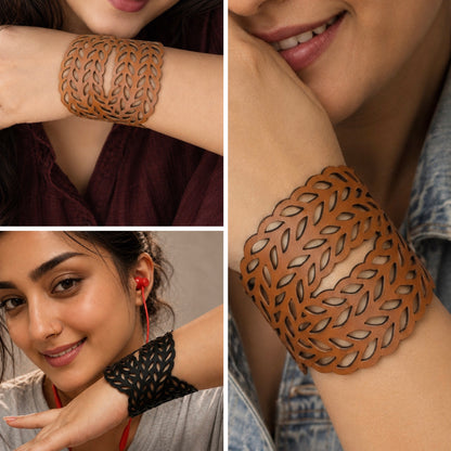 Leather Statement Cutwork Reversible Cuff Bracelet - Black and Camel