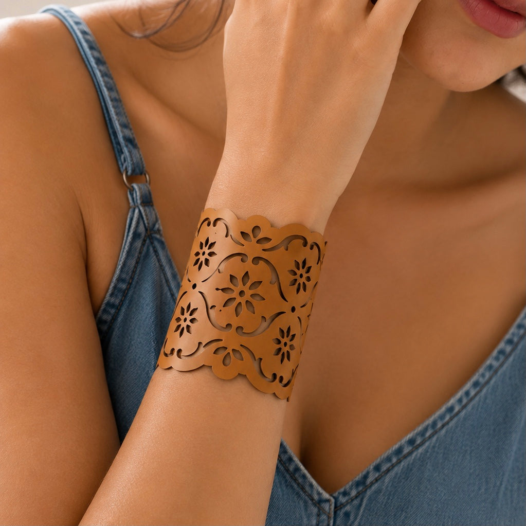 Leather Statement Cutwork Reversible Cuff Bracelet - Black and Camel