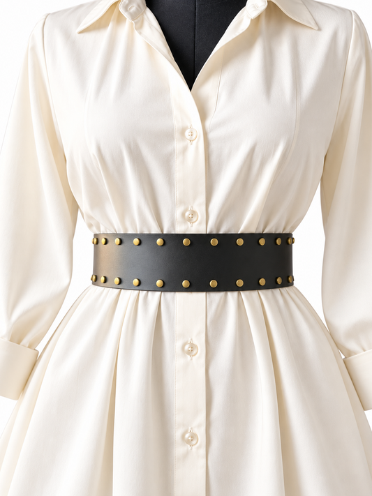 Women's Wide Leather Black Belt - Studded Waist Belt