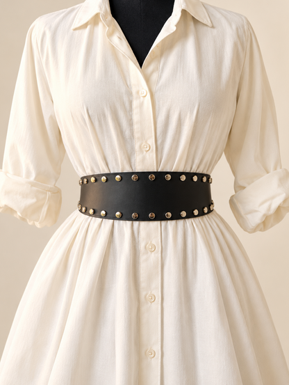 Women’s Wide Leather Black Belt for Dresses – Studded Waist Belt