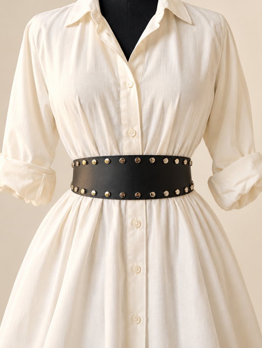 Women’s Wide Leather Black Belt for Dresses – Studded Waist Belt