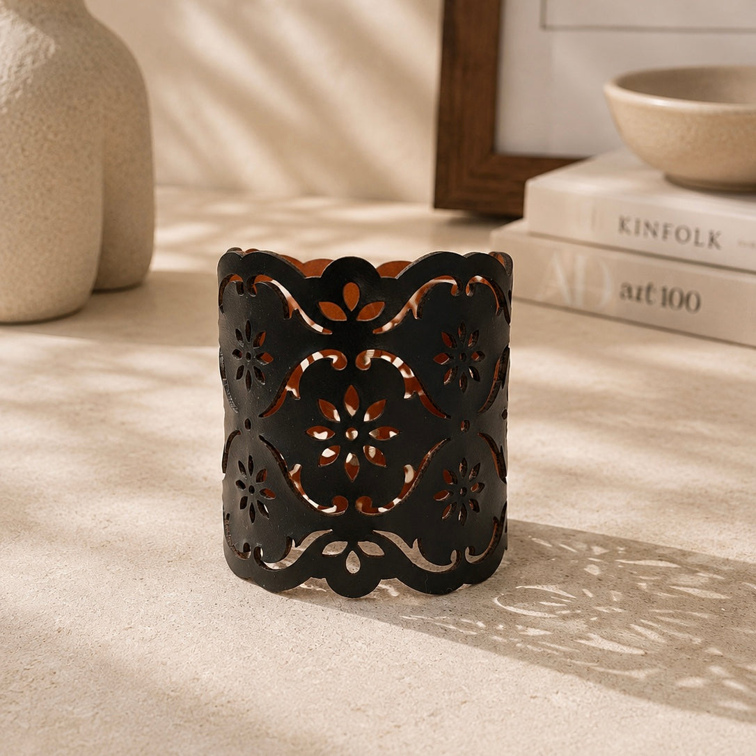 Leather Statement Cutwork Reversible Cuff Bracelet - Black and Camel