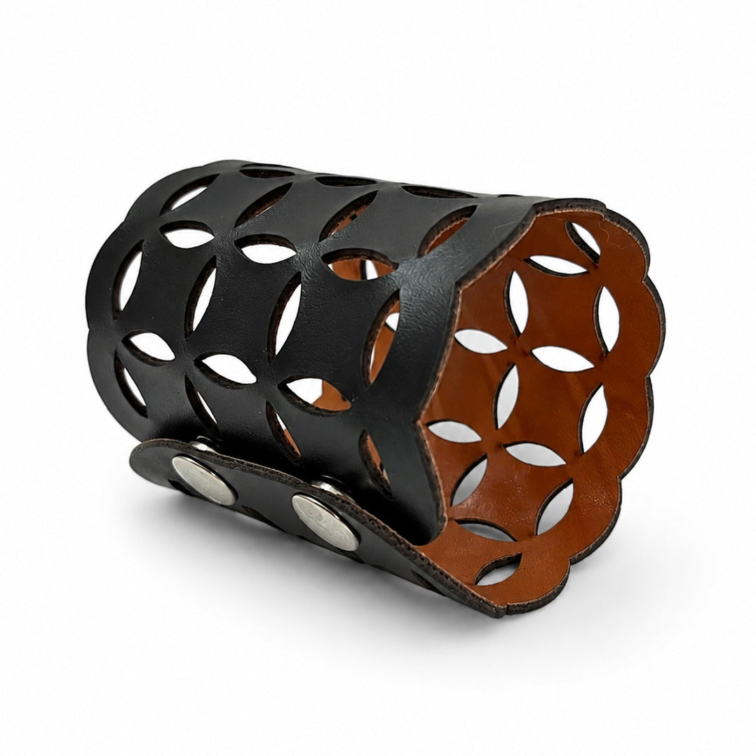 Leather Statement Cutwork Reversible Cuff Bracelet - Black and Camel