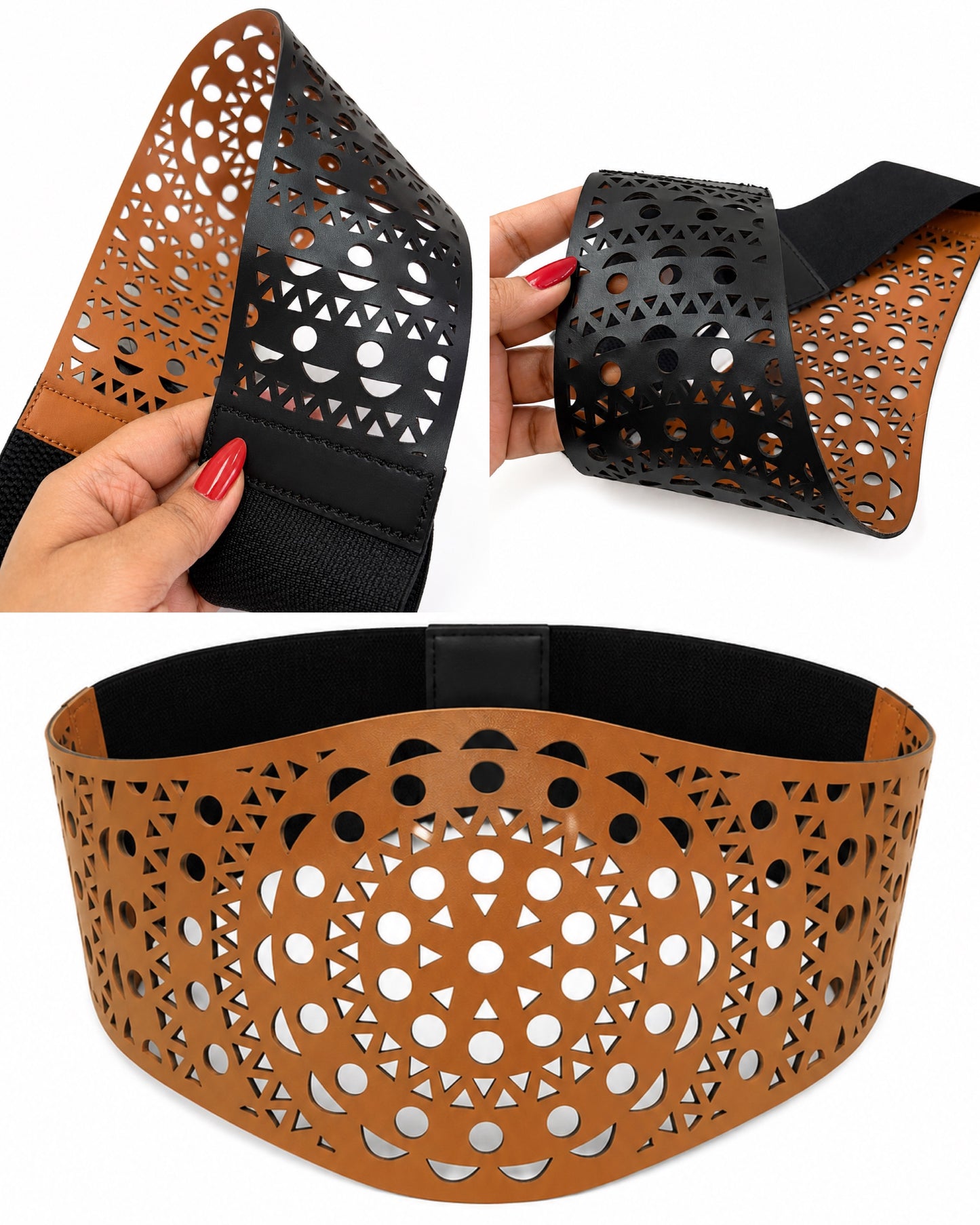 Leather Cutwork Reversible Wide Waist Belt - Black and Camel