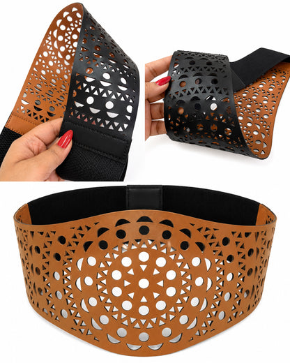 Leather Cutwork Reversible Wide Waist Belt - Black and Camel