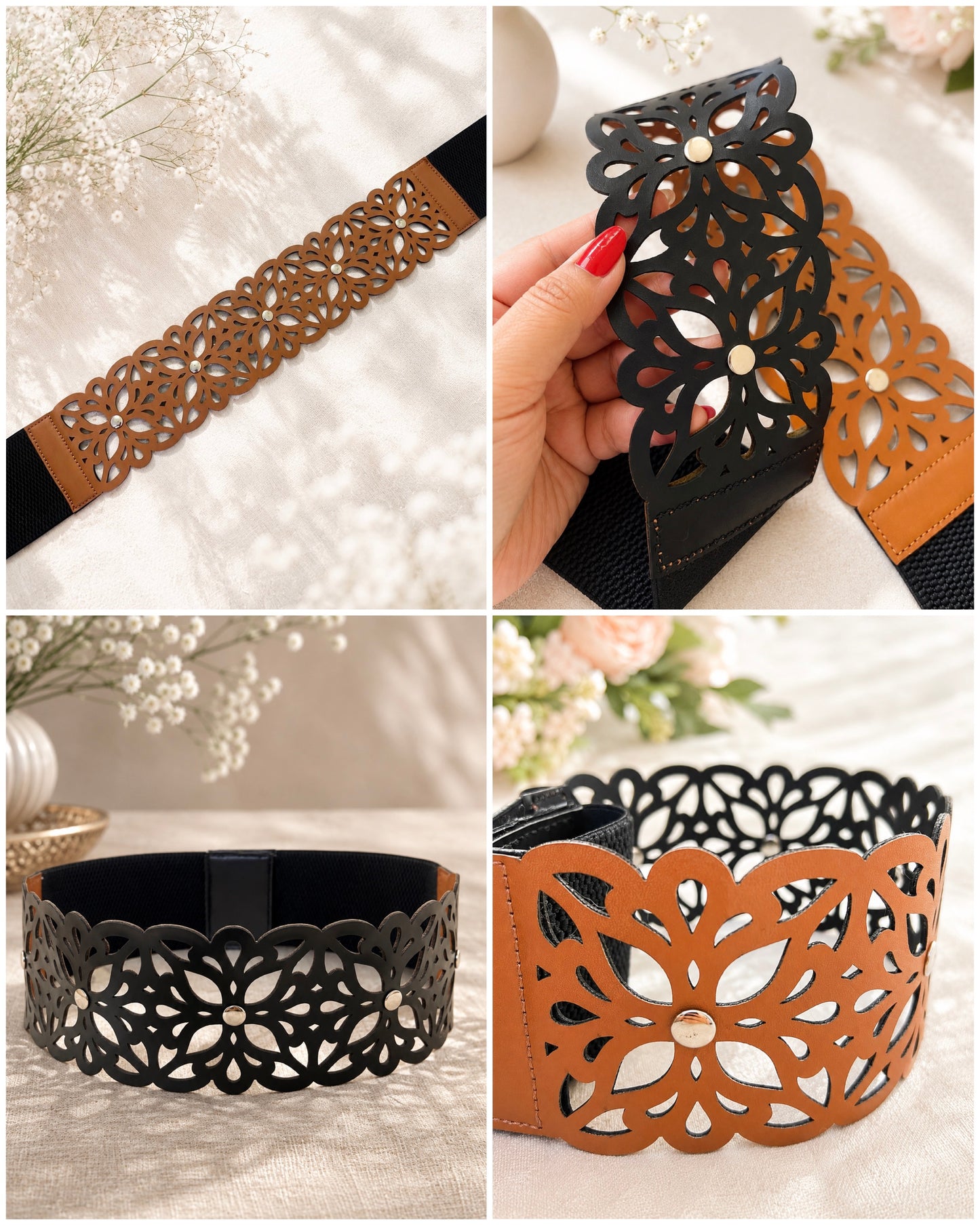 Leather Cutwork Reversible Wide Waist Belt with Rivets - Black and Camel